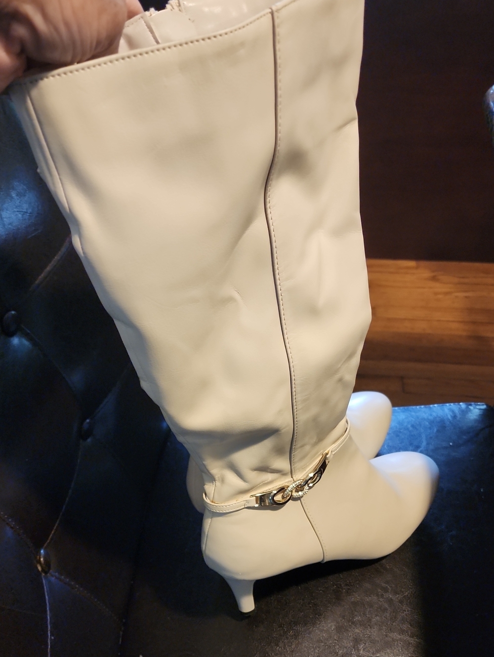 Karen Scott Cream Knee-High Kitten Heel Boots with Gold Chain Accent